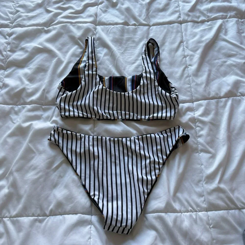 Womens Bikini Set Swimsuit Top Bottom Striped‎ Reversible White Black Summer